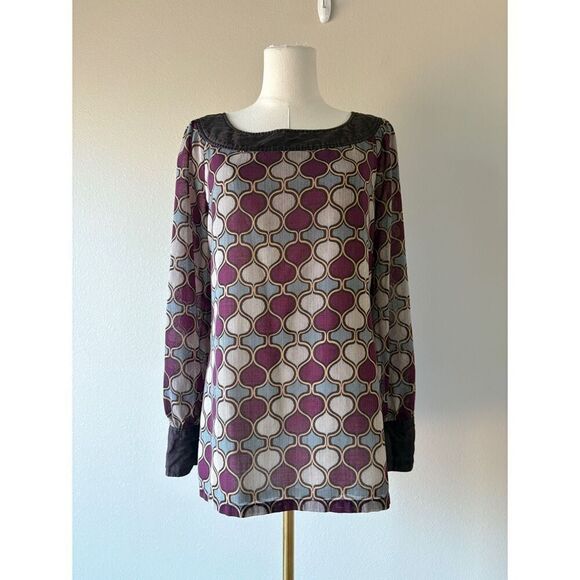 tory burch moroccan print bateau neckline long sleeve blouse - Picture 2 of 6